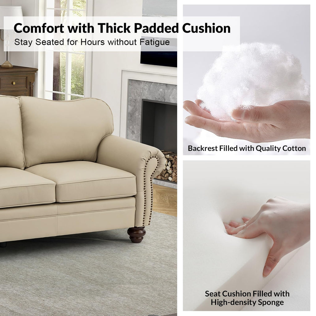 81" Genuine Leather Sofa, Classic 3-Seater Couchs with Wood Legs, Stylish & Comfortable Sofa, Easy Assembly Maintain