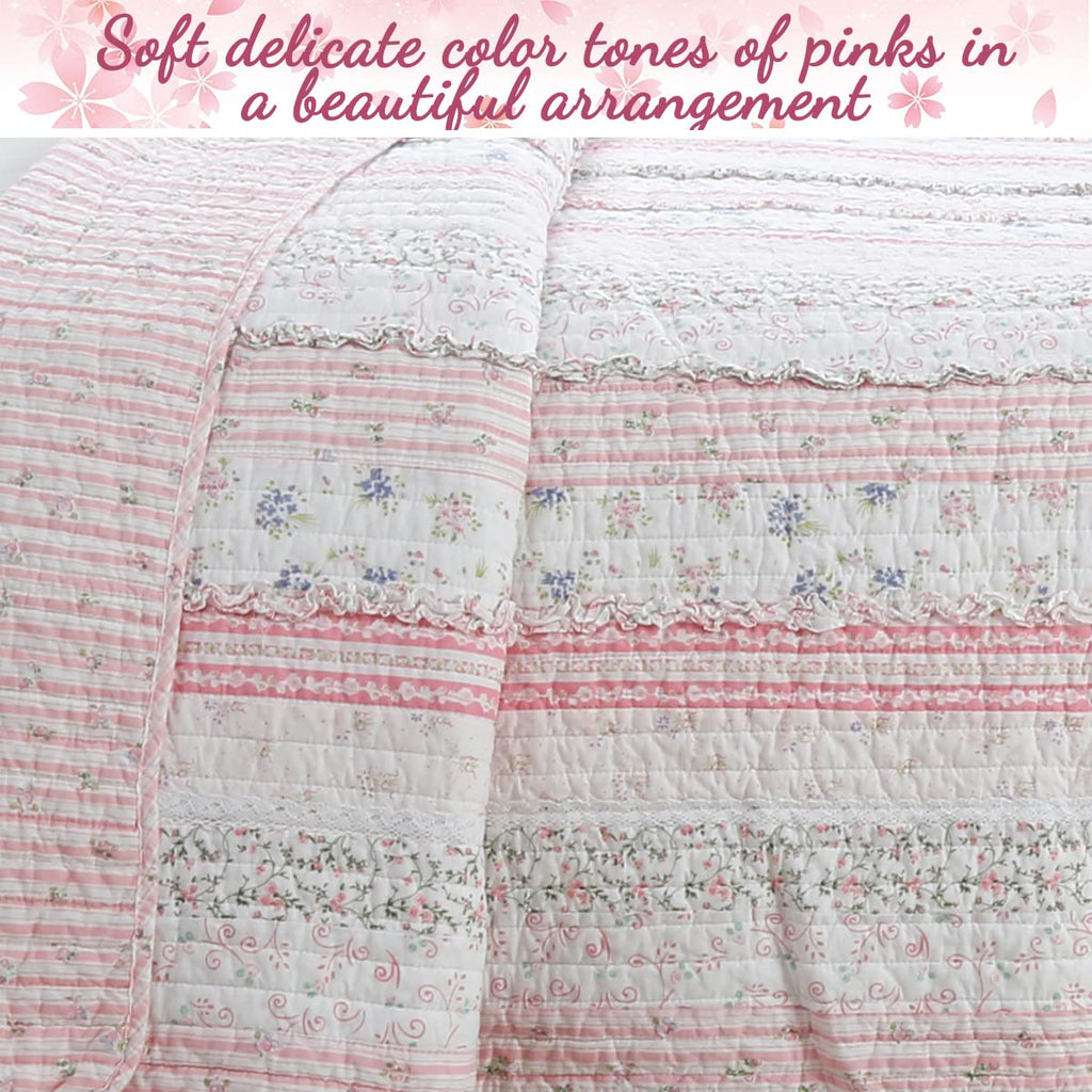 Shabby Chic Pink Flower Lace Ruffle Stripe 100% Cotton Reversible Quilt Bedding Set, Coverlet, Bedspread (Pink