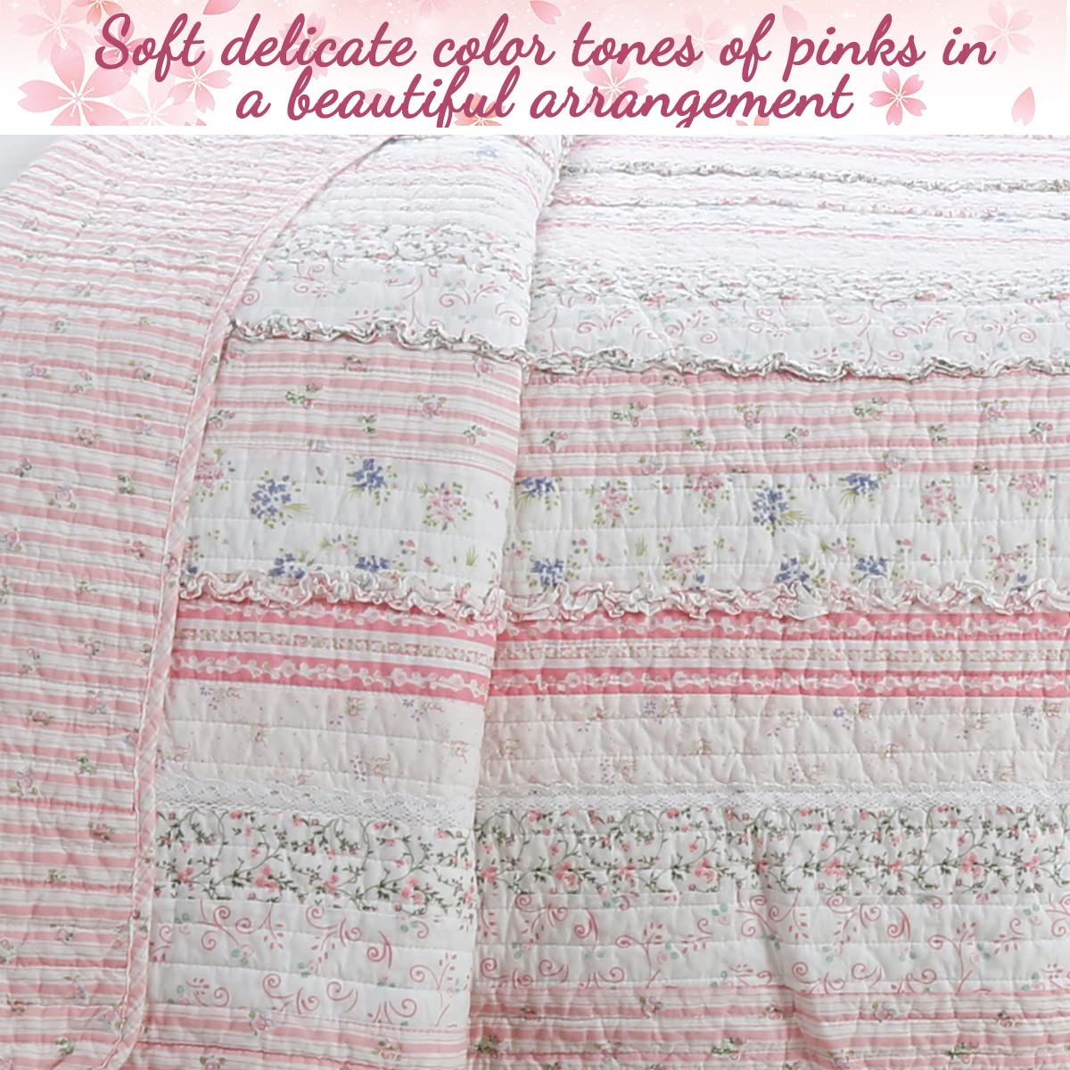 Shabby Chic Pink Flower Lace Ruffle Stripe 100% Cotton Reversible Quilt Bedding Set, Coverlet, Bedspread (Pink