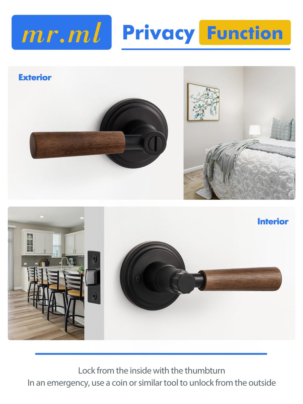 Door Handle Black Keyless Privacy Wood Door Lever, 1 Pack