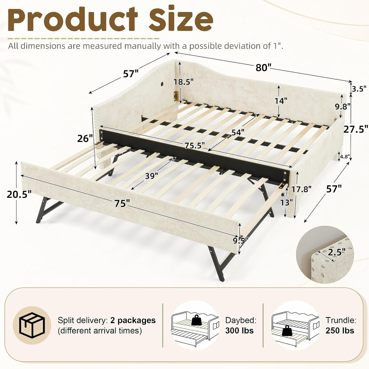 Full Daybed with Pop Up Trundle, Full Size Day Bed Frame, USB Port, Beige | Chenille L-Shaped Corner Bed Frame