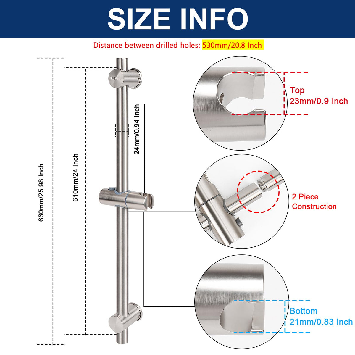 Slide Bar with Height/Angle Adjustable Handheld Shower Holder, Bathroom SUS 304 Stainless Steel Head Holder for Bath