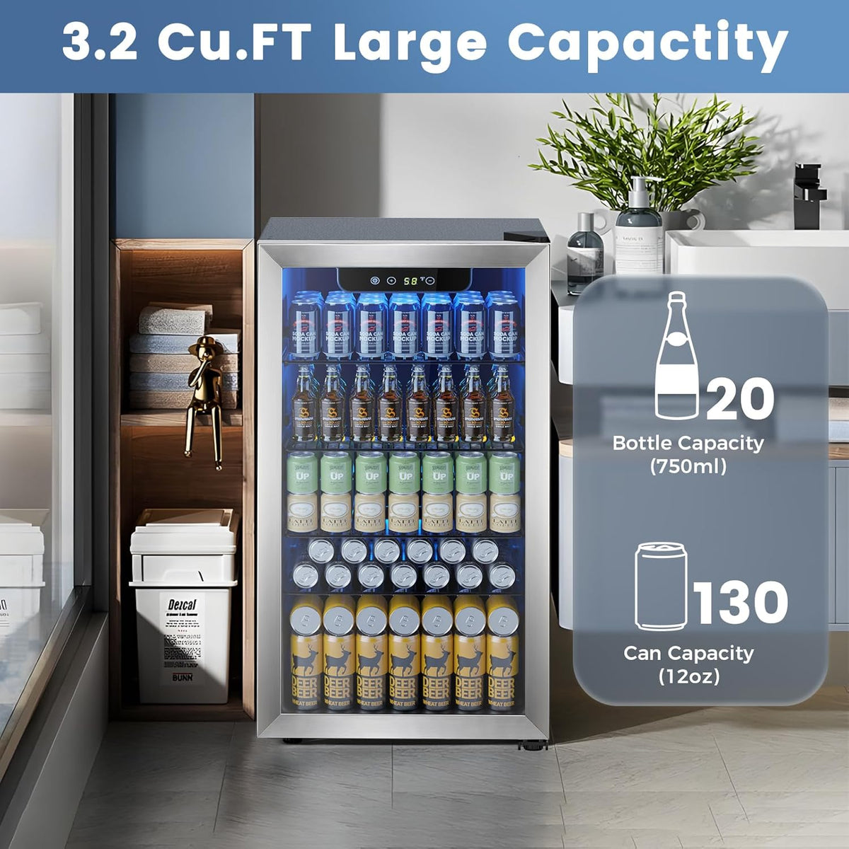 Mini Fridge 130 Can Beverage Refrigerator Cooler, 3.2 Cu.Ft Drink Fridge forSoda Wine Beer