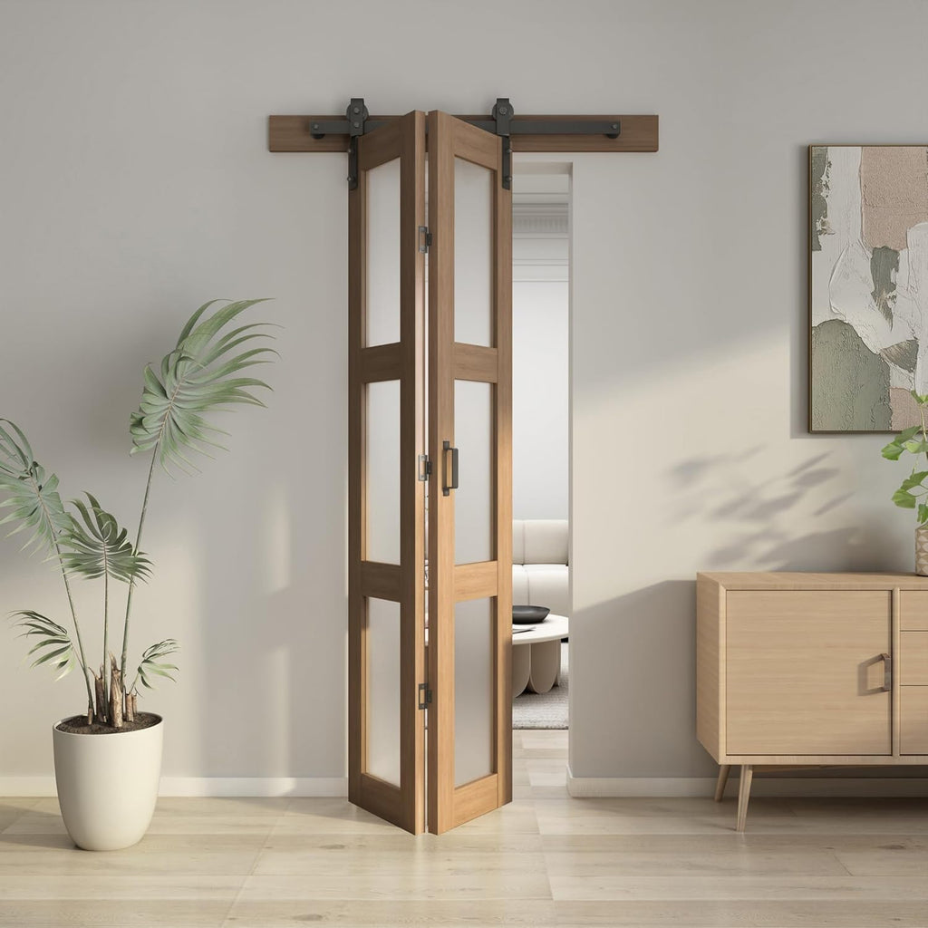 Bifold Glass Barn Door, 32Inch Bi Fold Sliding Barn Door Kit with Hardware Include, 3-Panel Glass Barn Door Slab, Solid Wood Barn Door with MDF & Water-Proof PVC Surface, Brown