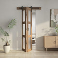 Bifold Glass Barn Door, 32Inch Bi Fold Sliding Barn Door Kit with Hardware Include, 3-Panel Glass Barn Door Slab, Solid Wood Barn Door with MDF & Water-Proof PVC Surface, Brown