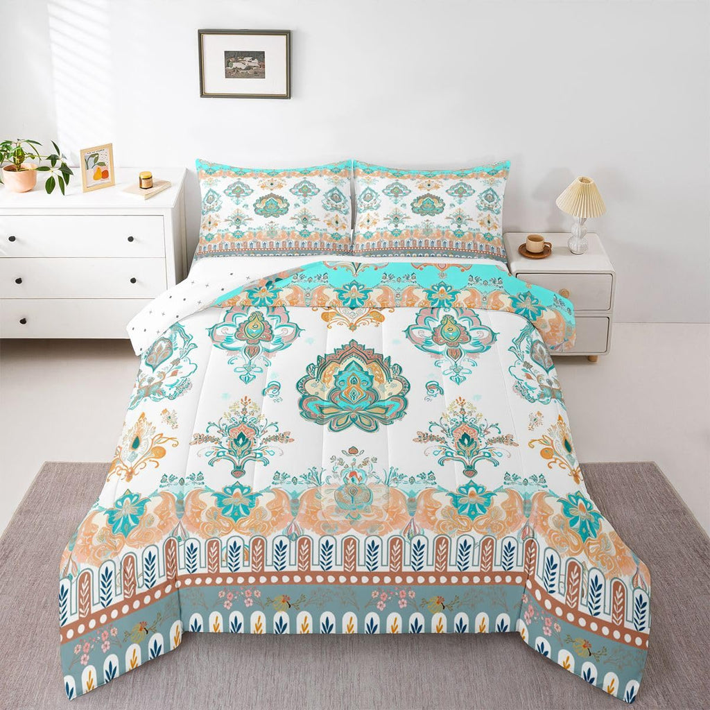 Exotic Duvet Insert Bohemian Flower Bedding Set King for Girls Women, Tribe Aztec Exotic Paisley Comforter Set Rustic