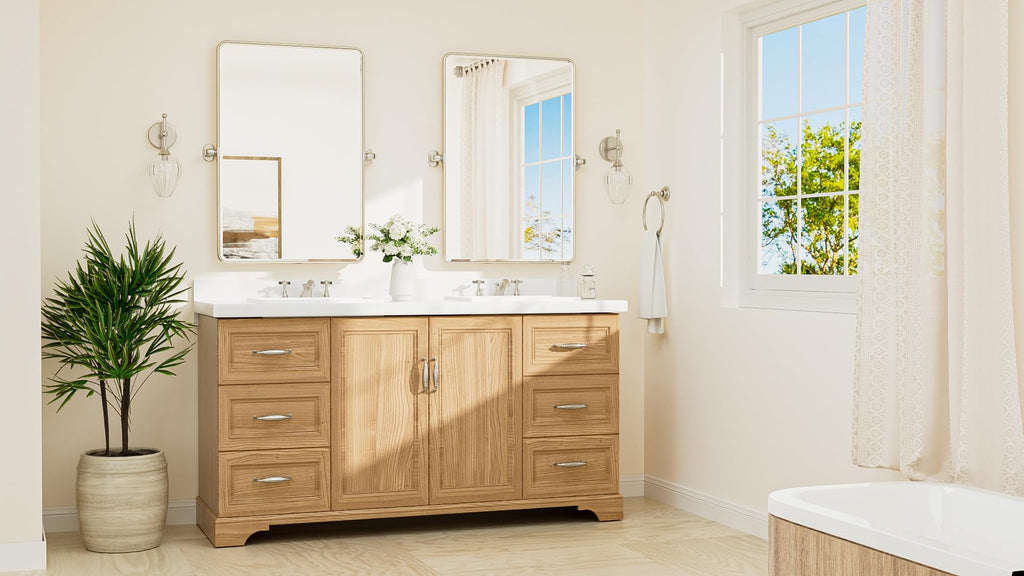 Brushed Nickel Pivot Rectangle Bathroom Vanity Mirror 24 x 36 Tilt Beveled Mirror, Pivoting Metal Framed Tempered