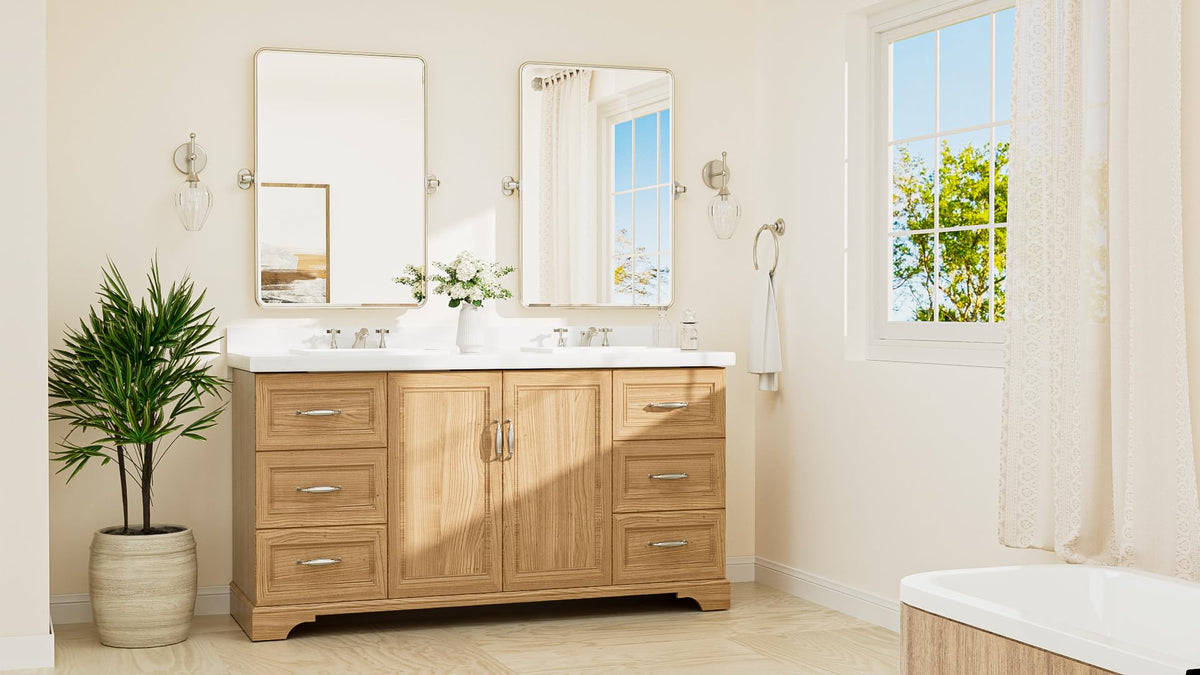 Brushed Nickel Pivot Rectangle Bathroom Vanity Mirror 24 x 36 Tilt Beveled Mirror, Pivoting Metal Framed Tempered