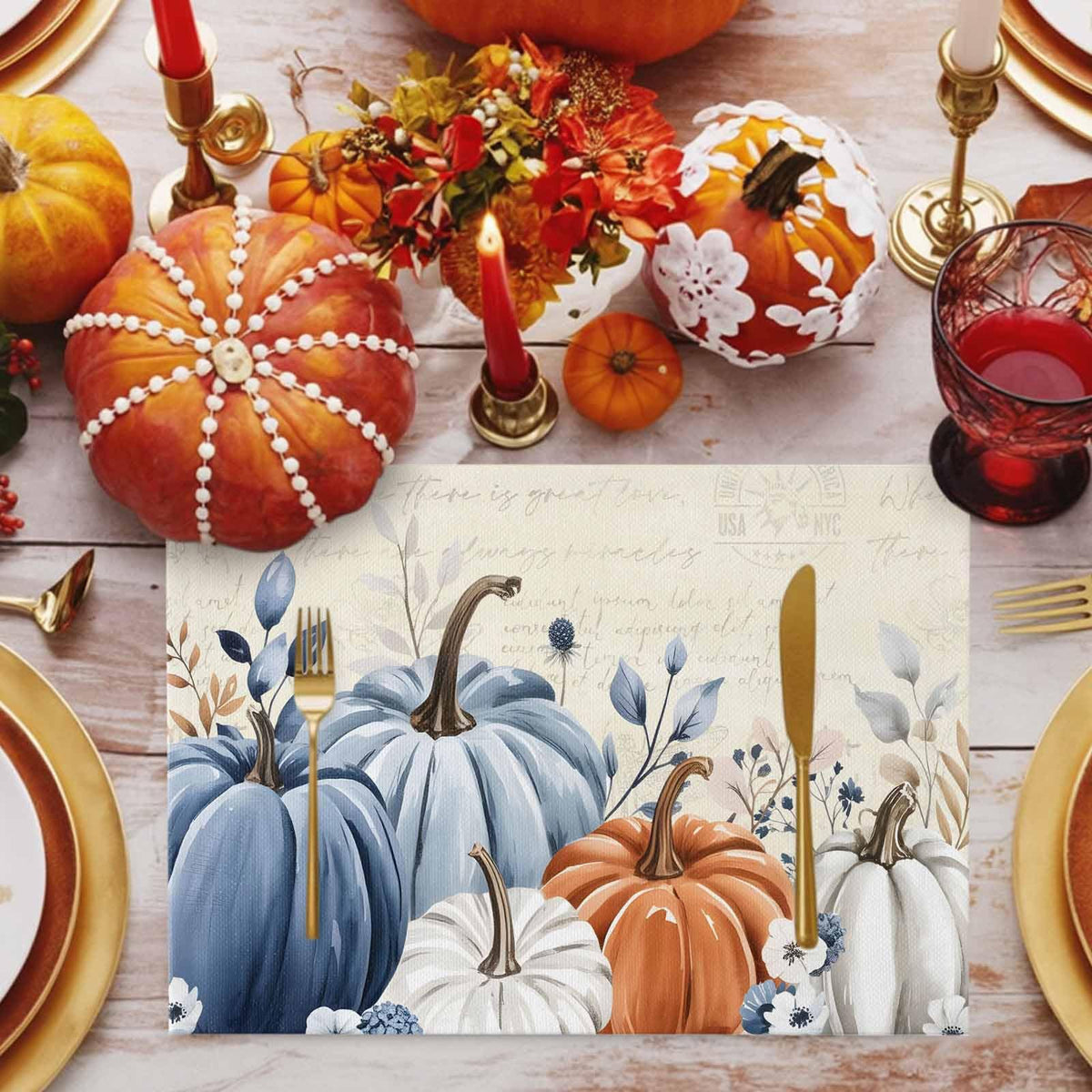 Fall Placemats Set of 4 Blue Pumpkin Place Mats Floral Leaves Autumn Placemat Washable Harvest Thanksgiving Table