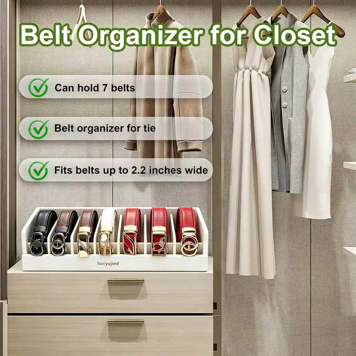 Belt Organizer, 7 Compartments Belt Organizer for Closet and Drawer, Bamboo Tie and Belt Storage Case, Belt Holder