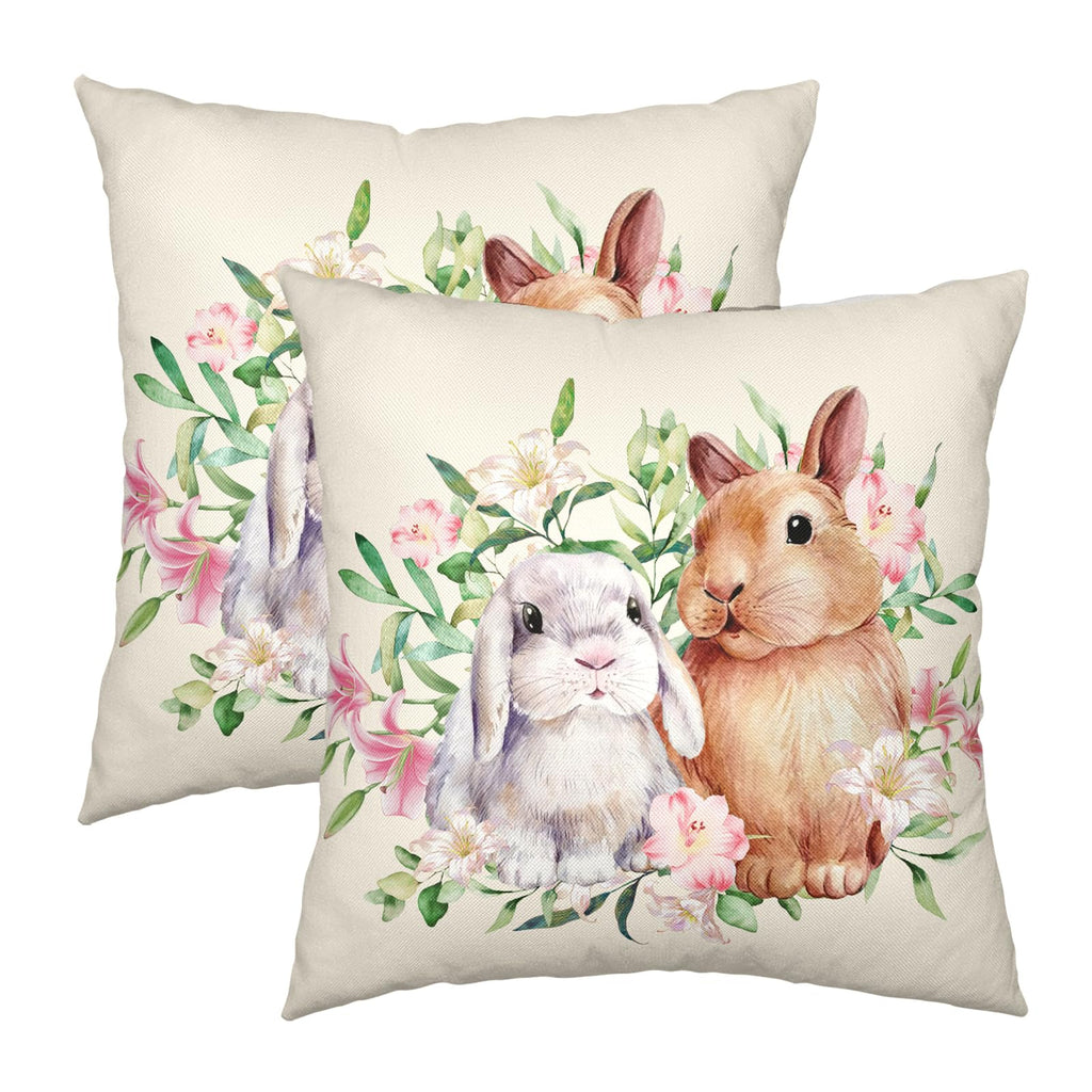 Easter Bunny Flowers Pillow Covers 18x18 Inch Spring Watercolor Rabbit Floral Pillow Cases Set of 2 Farmhouse Outdoor