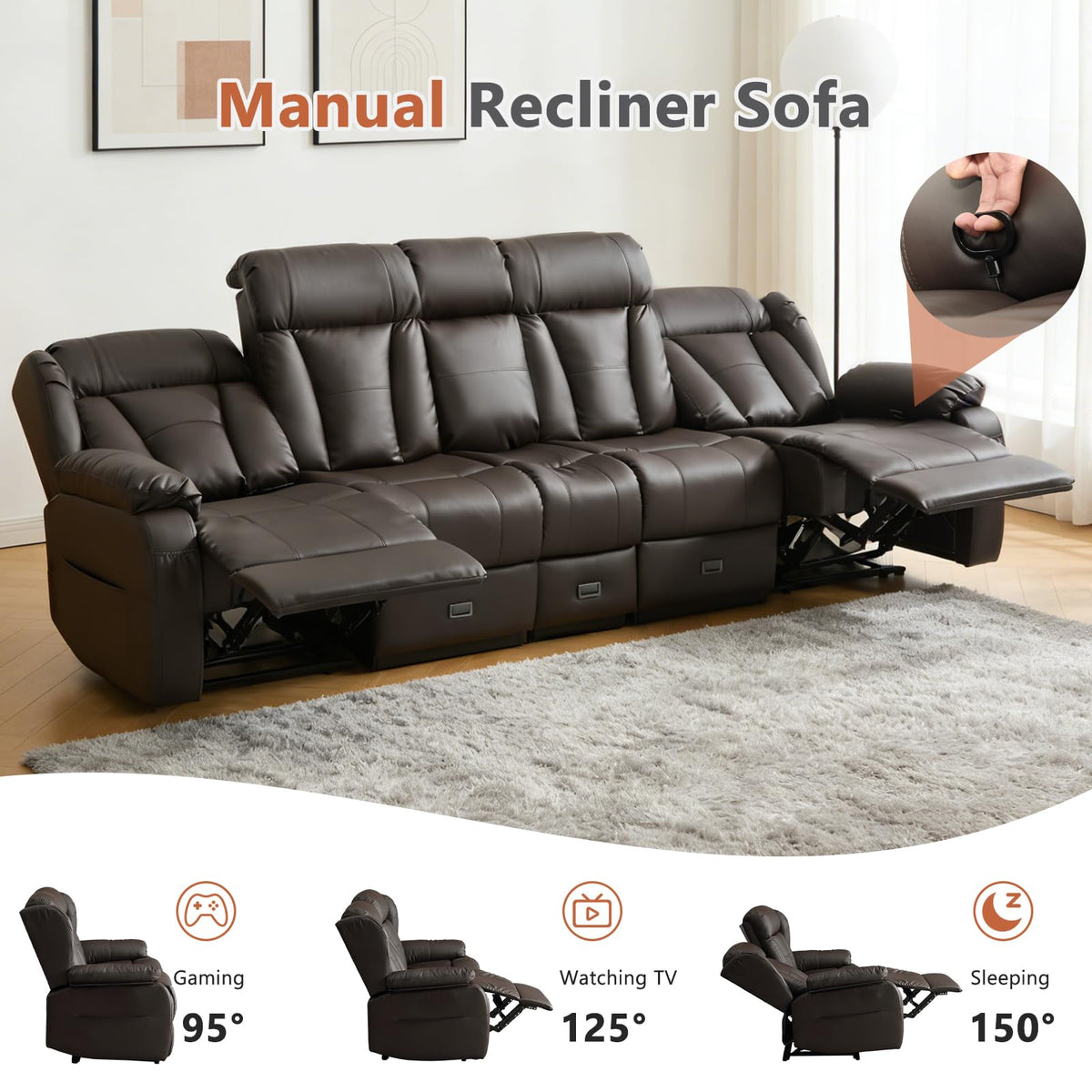 4 Seat Reclining Sofa with Console, Faux Leather, Brown