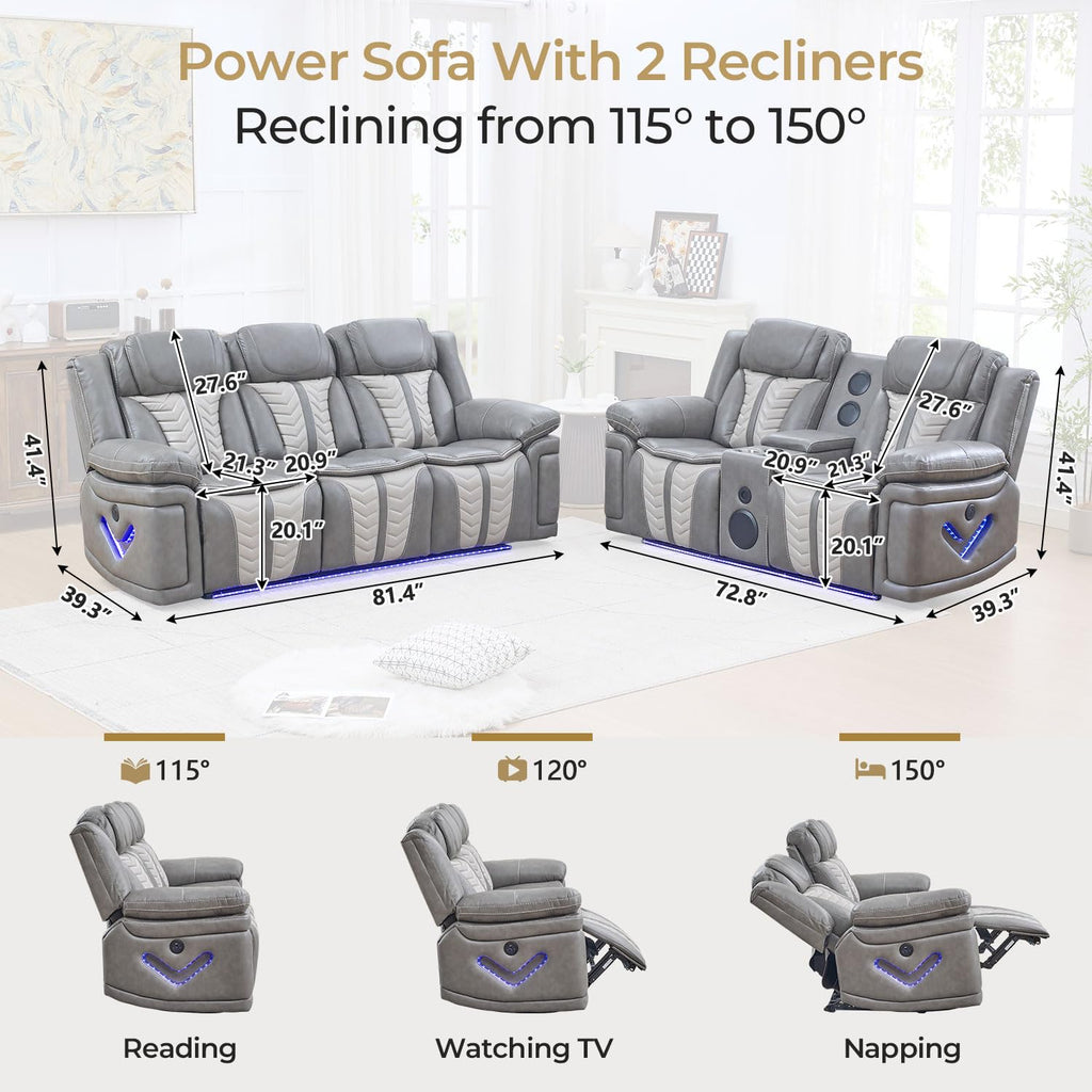 Power Electric Recliner Sofa Set with Bass Speakers, 2 Pieces Reclining Couch and Loveseat Sets with Wireless
