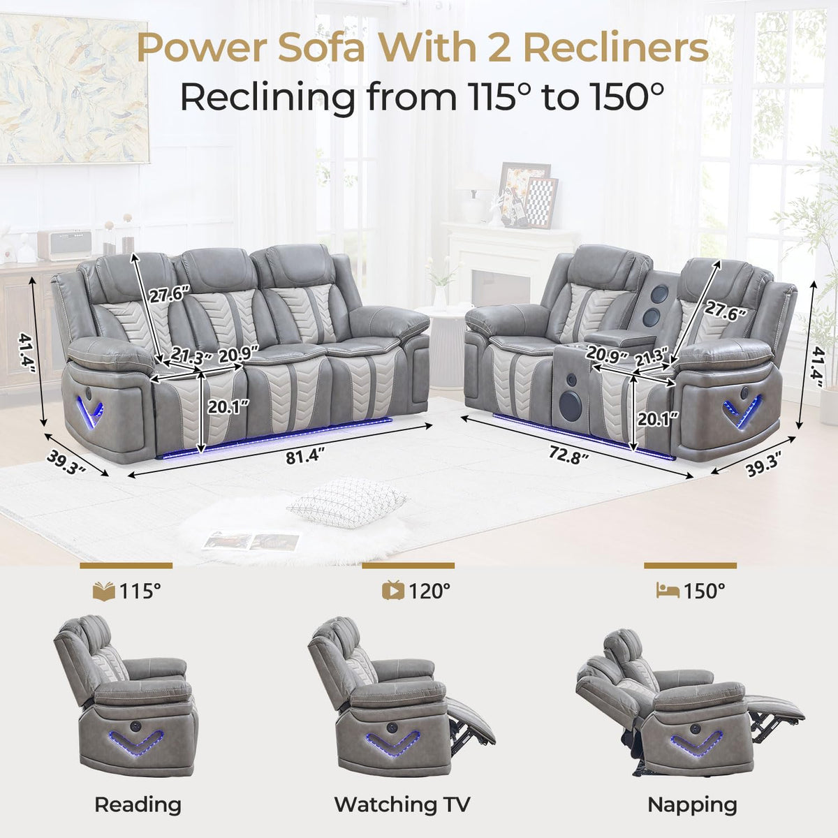 Power Electric Recliner Sofa Set with Bass Speakers, 2 Pieces Reclining Couch and Loveseat Sets with Wireless