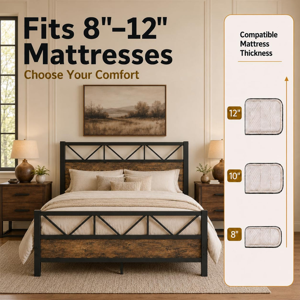 Bed Frame, 51.2" Tall Industrial Headboard, Rustic Brown