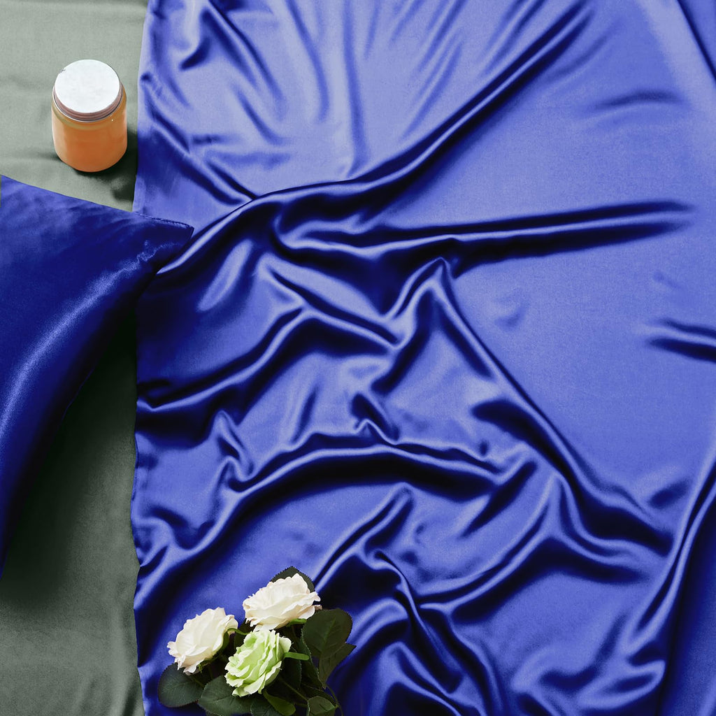 Royal Blue Satin Duvet Cover Set - 6Pc Bed Linen Set with Fitted Sheet & 4 Pillowcases
