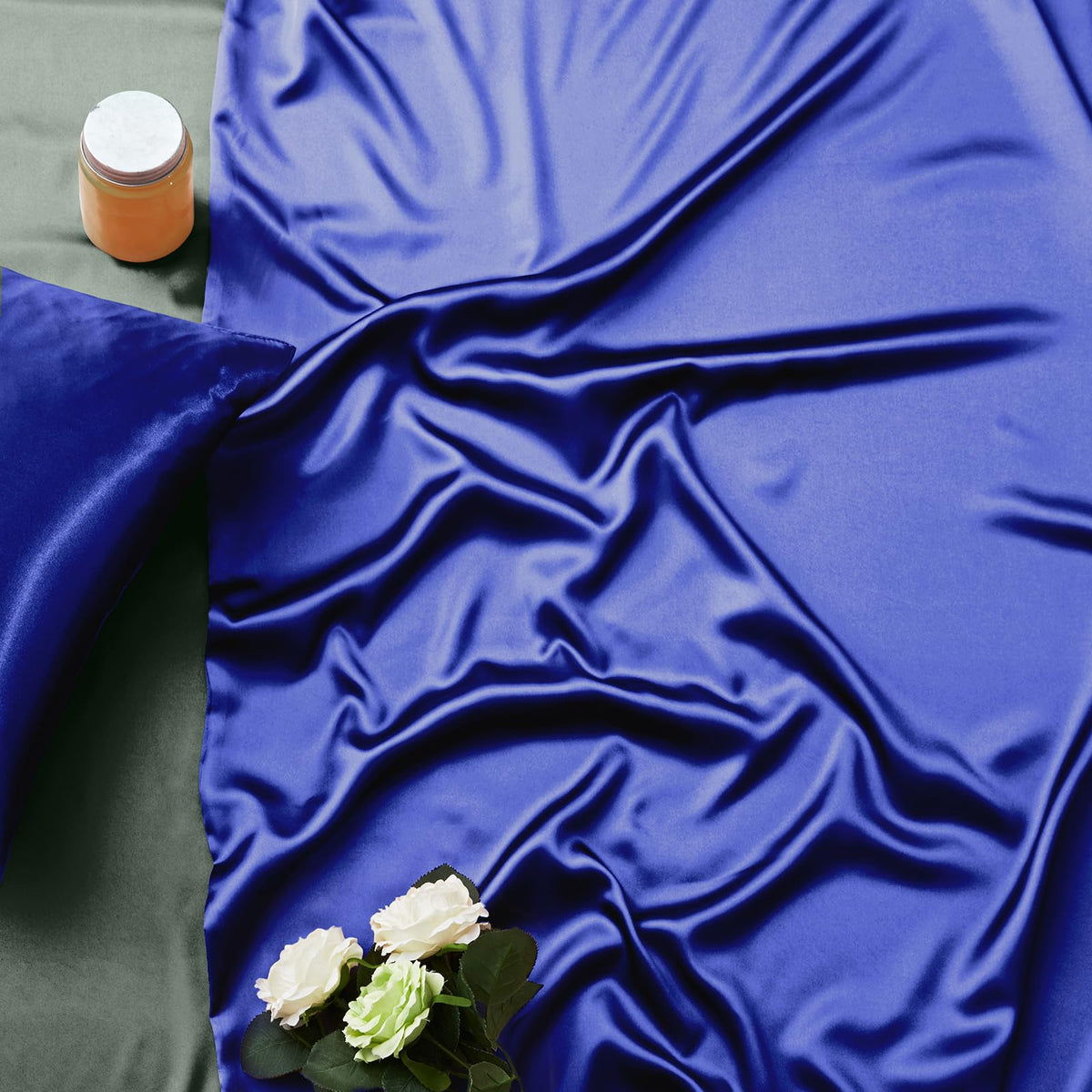 Royal Blue Satin Duvet Cover Set - 6Pc Bed Linen Set with Fitted Sheet & 4 Pillowcases