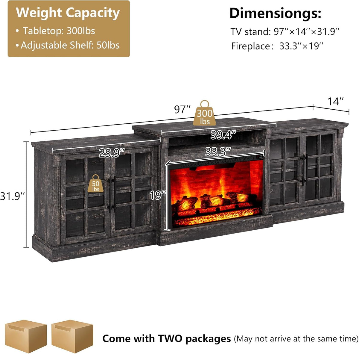 97 Inch Farmhouse Fireplace TV Stand for TVs up to 100 Inches, Entertainment Center with 33 Inch Electric Fireplace, Large Storage Cabinets and Adjustable Shelves, Rustic Black