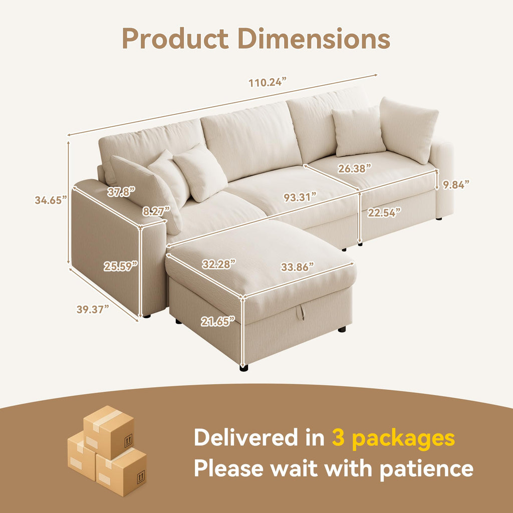 110" Cloud Sectional Couches, Modular Sectional Sofa with Deep Seat, Convertible L-Shape Couch with Storage Ottoman