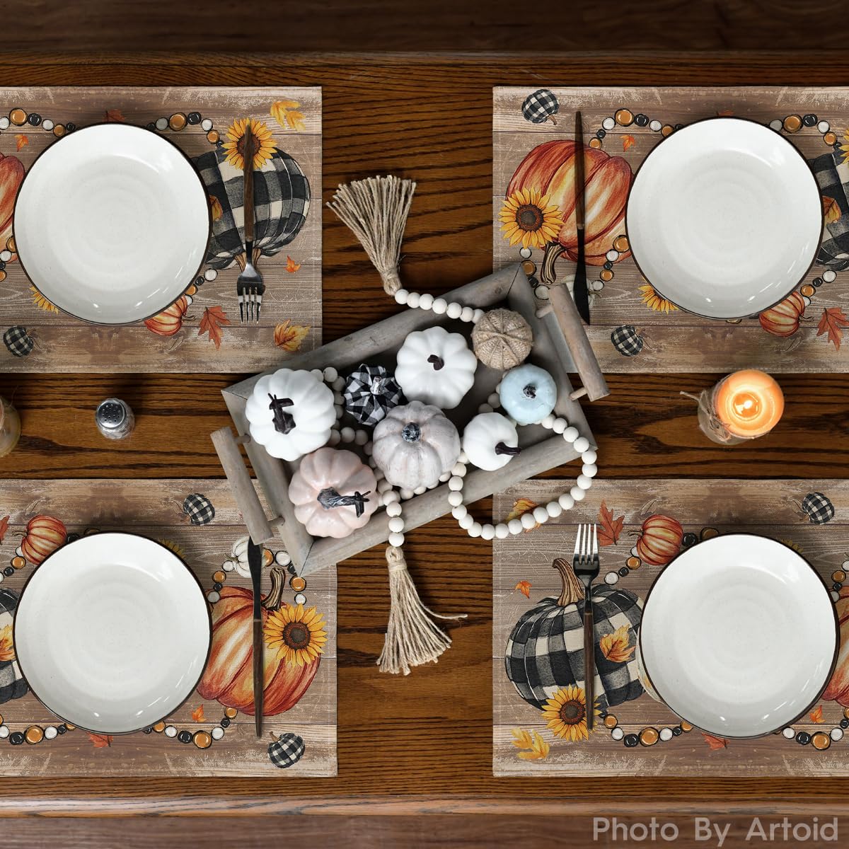 Wood Pumpkins Sunflowers Fall Placemats Set of 6-12 x 18 Inch