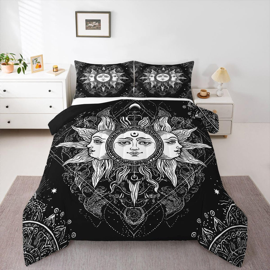 Bohemian Black and White Bedding Set Full, Sun and Moon Comforter Set Boho Floral Paisley Down Comforter, Tribe Exotic