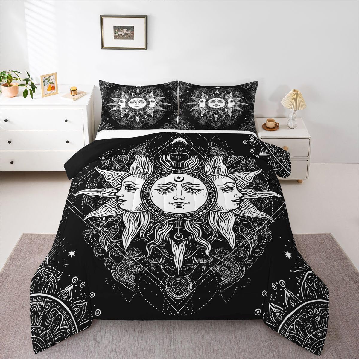 Bohemian Black and White Bedding Set Full, Sun and Moon Comforter Set Boho Floral Paisley Down Comforter, Tribe Exotic