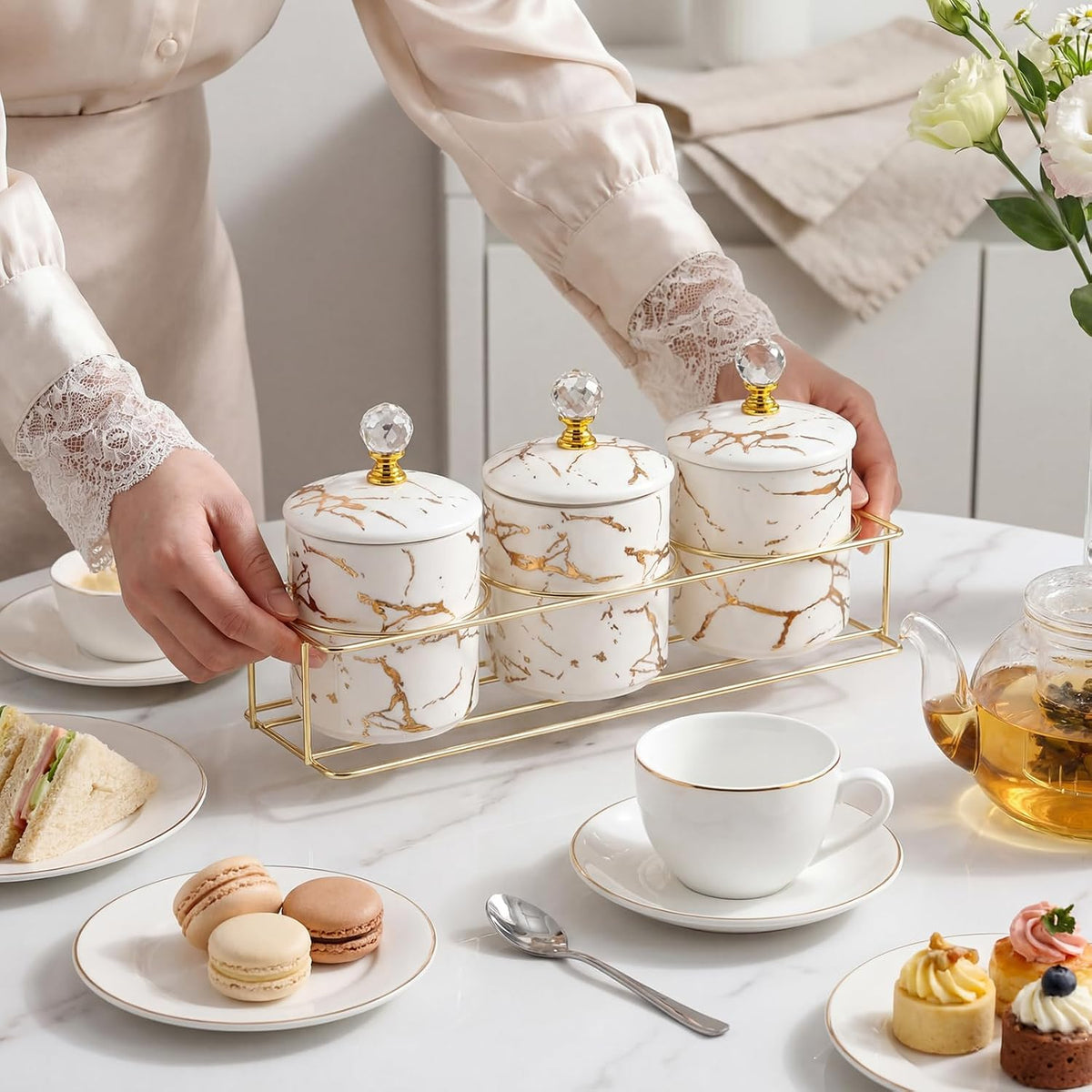 Ceramic Coffee Canister Set with Lids and Metal Stand, Securely Packed in Foam Mold, Marble Sugar Coffee Tea - Set of 3