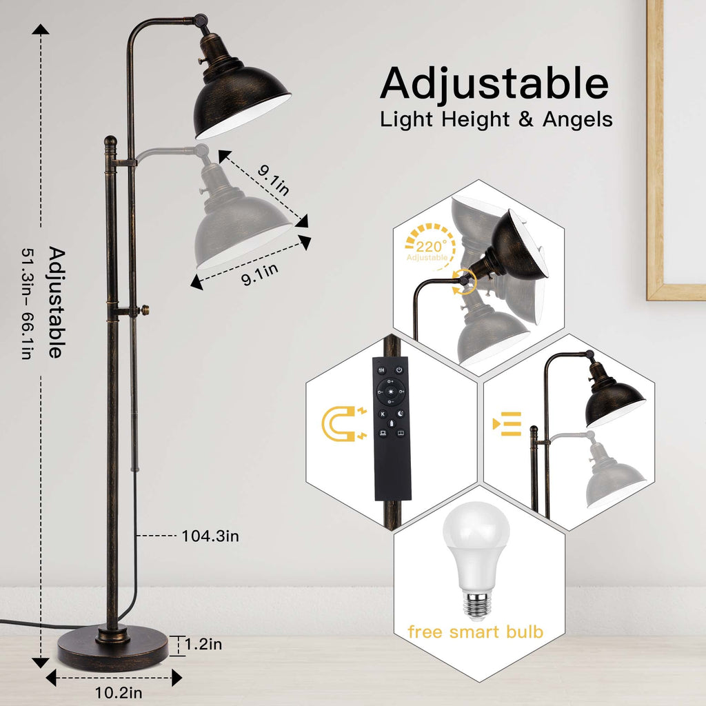 Industrial Floor Lamp Adjustable, Rustic Farmhouse Reading Lamp in Aged Black Finish, Modern Standing Lamp