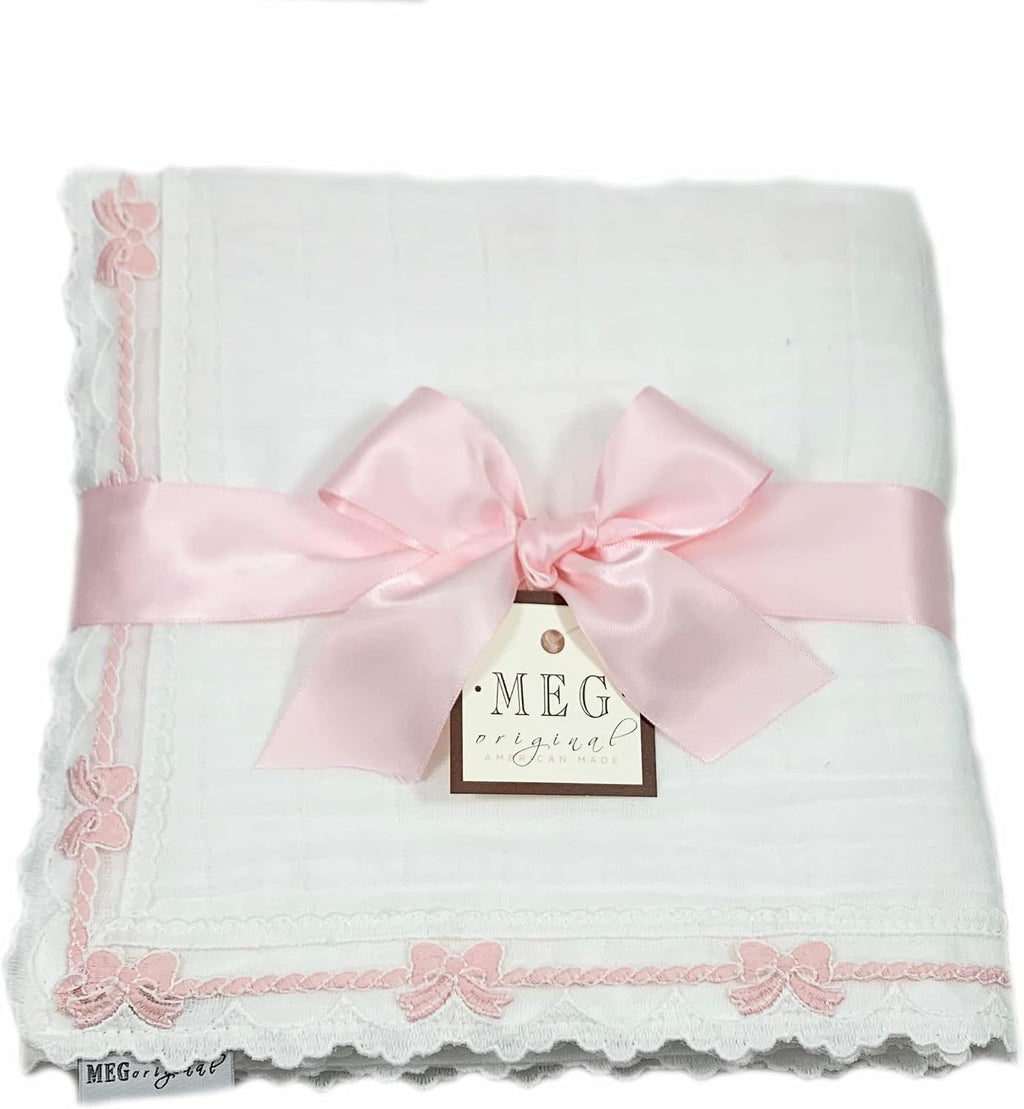 Baby Girl Blanket - Heirloom Collection - White with Pink Bows, 100% Cotton, in The USA (Crib: 30 x 51)