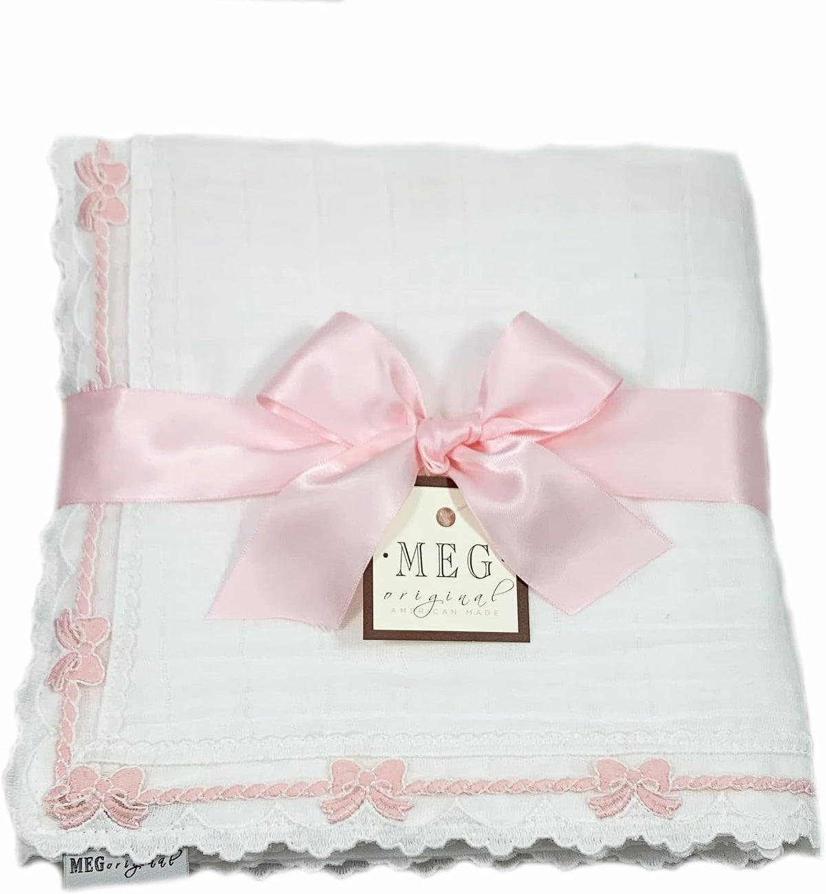 Baby Girl Blanket - Heirloom Collection - White with Pink Bows, 100% Cotton, in The USA (Crib: 30 x 51)