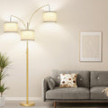Dimmable Floor Lamp, 3 Lights Gold Arc Floor Lamp, Modern Tall Standing Tree Lamp with White Linen Shades & Heavy