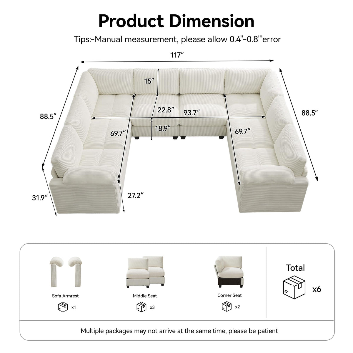 Modular Sectional Sofa, 117'' Oversized Deep Seat U Shaped Couch, Beige