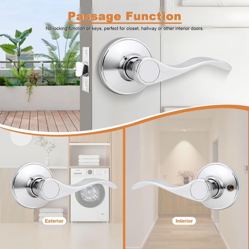 Interior Door Handle Lever Chrome Door Handles Passage Door Lever Handle, Closet Door Handle Polished Chrome Interior