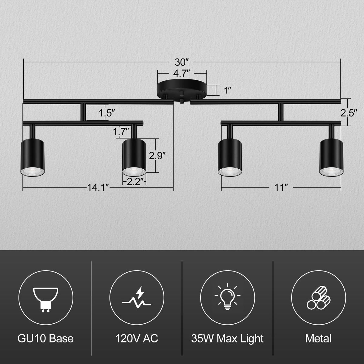 Black Track Lighting Kit, 30" LED Track Lighting Fixtures Ceiling, 4 Light Ceiling Spotlights, Kitchen Light