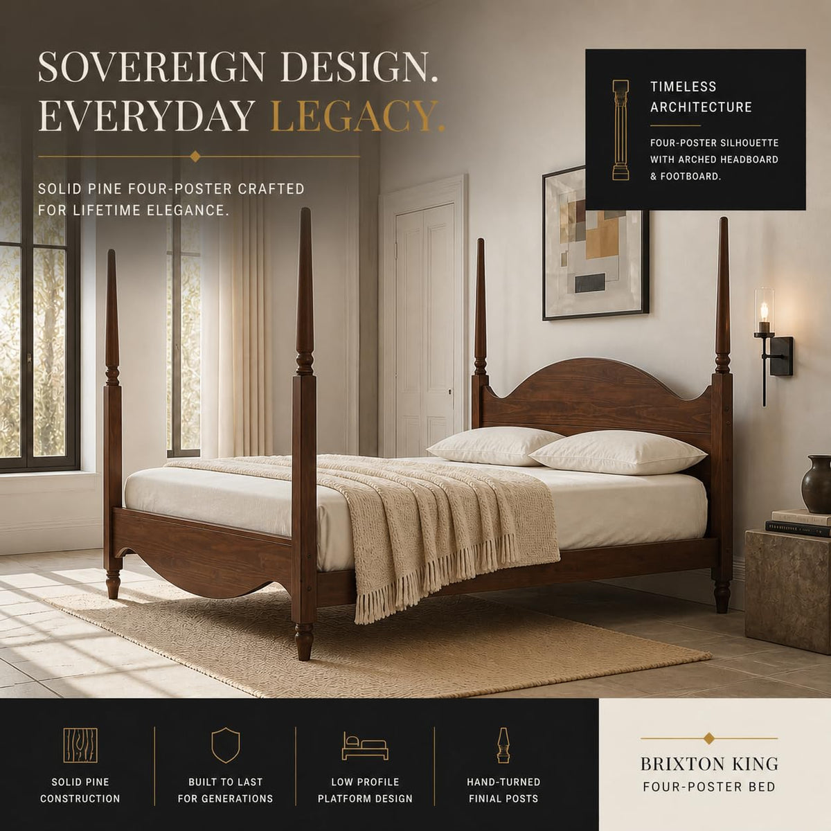 Brixton Solid Pine Wood Four-Poster Bed, Arched Headboard, Walnut
