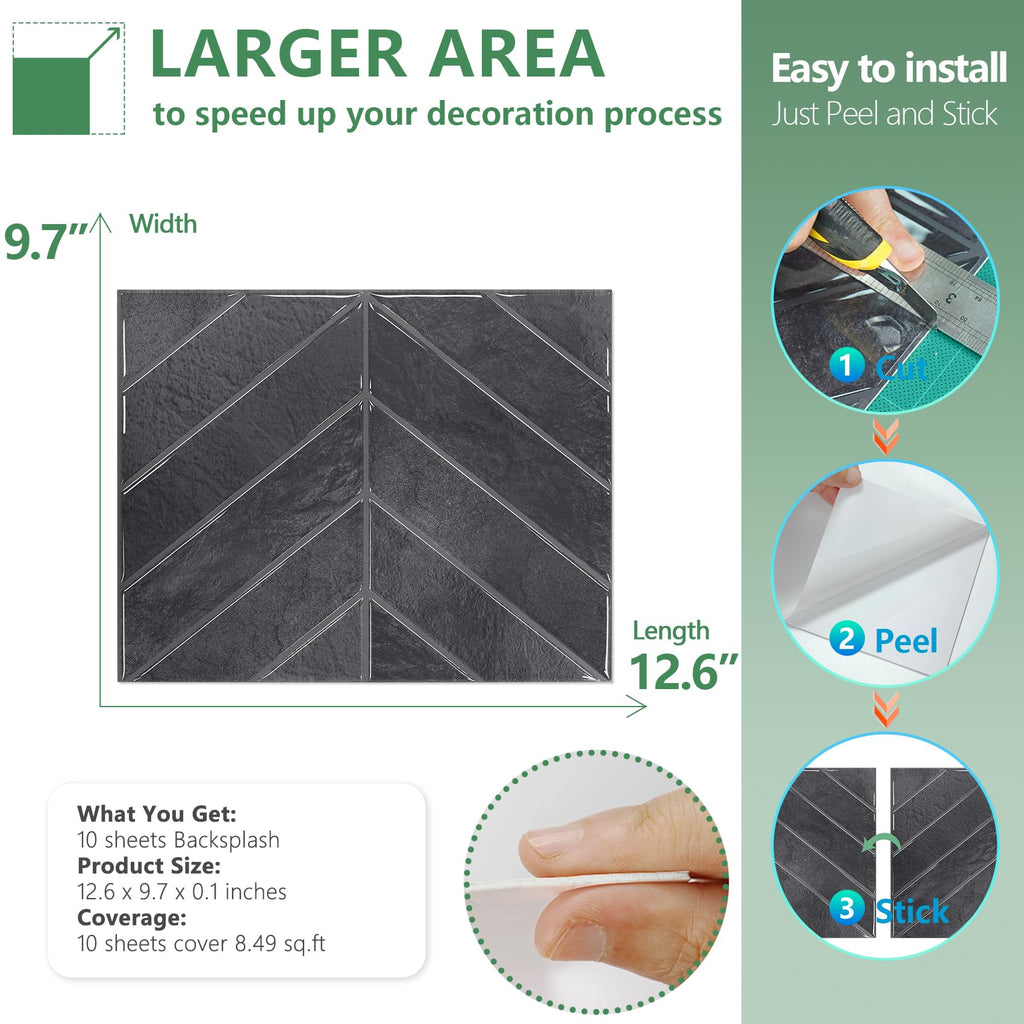 Herringbone Peel and Stick Backsplash, Shiny Black, 10 Sheets