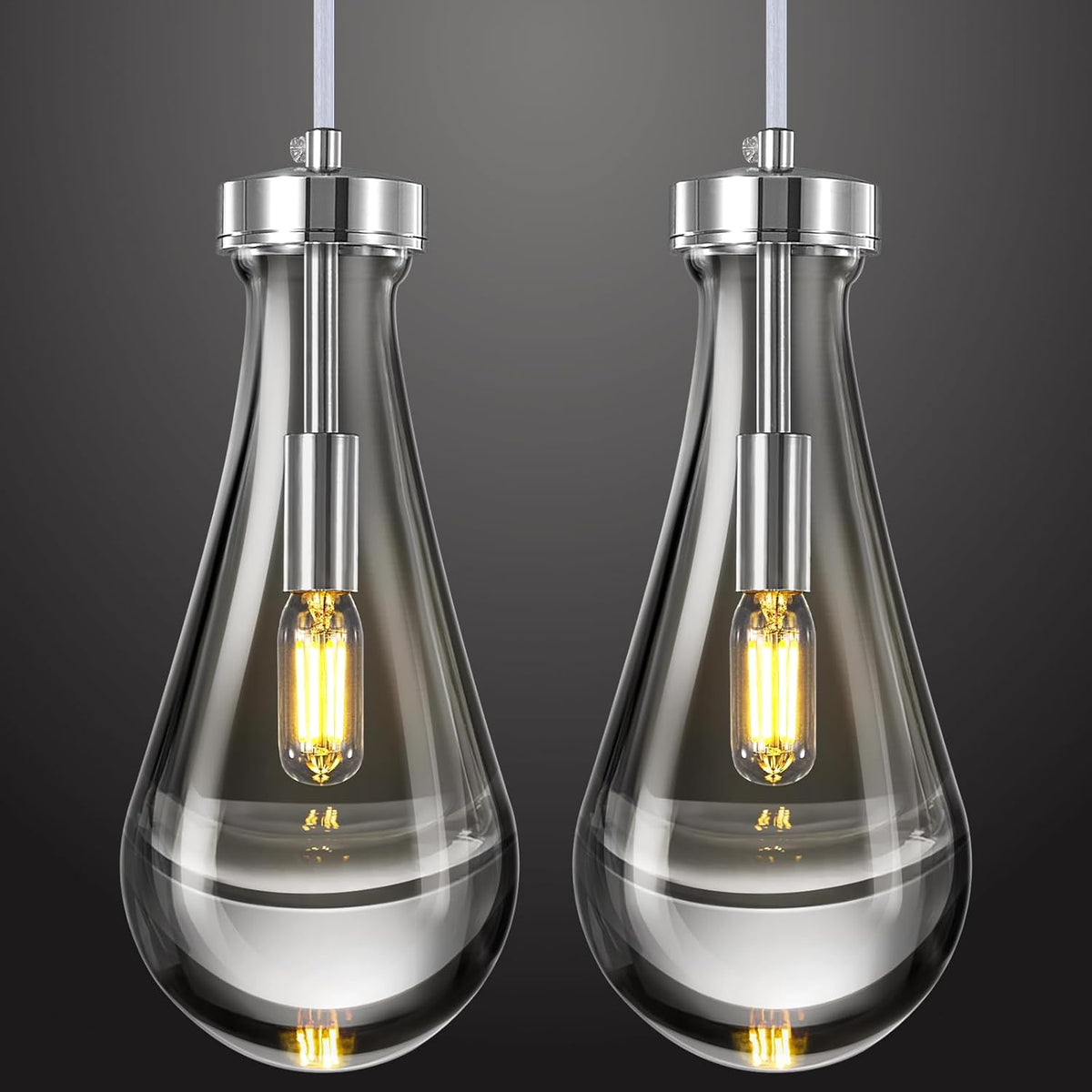 Raindrop Pendant Lights Kitchen Island Set of 2 Teardrop Chrome Hanging Light Fixtures Clear Solid Glass Pendant Light Modern Chandeliers for Dining Room Porch Corridor Living Room