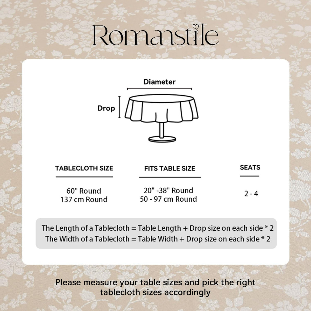 Waterproof Vinyl Tablecloth Round, 60 x 60 Inch, Rose Beige
