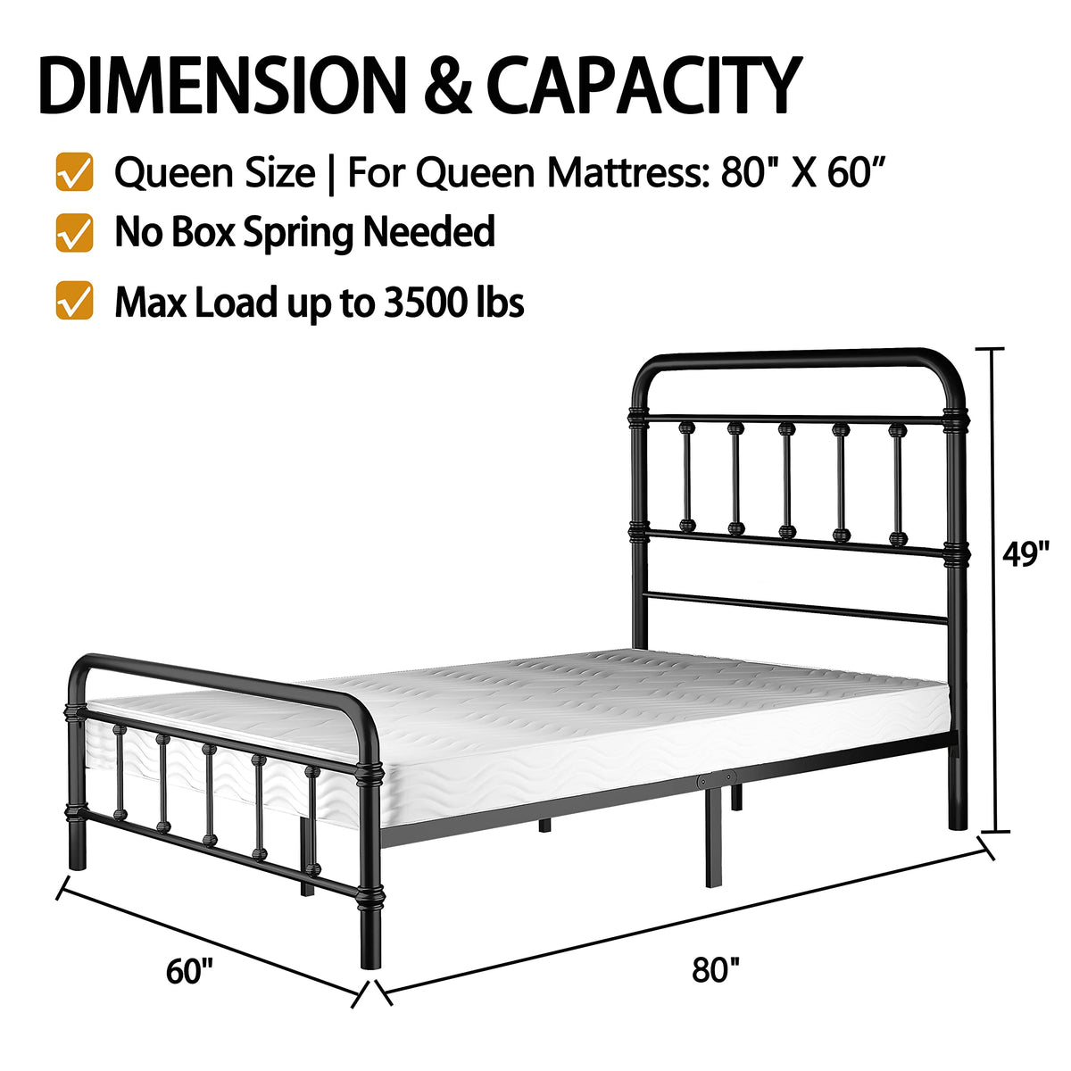 Metal Bed Frame with 49inch High Vintage Headboard