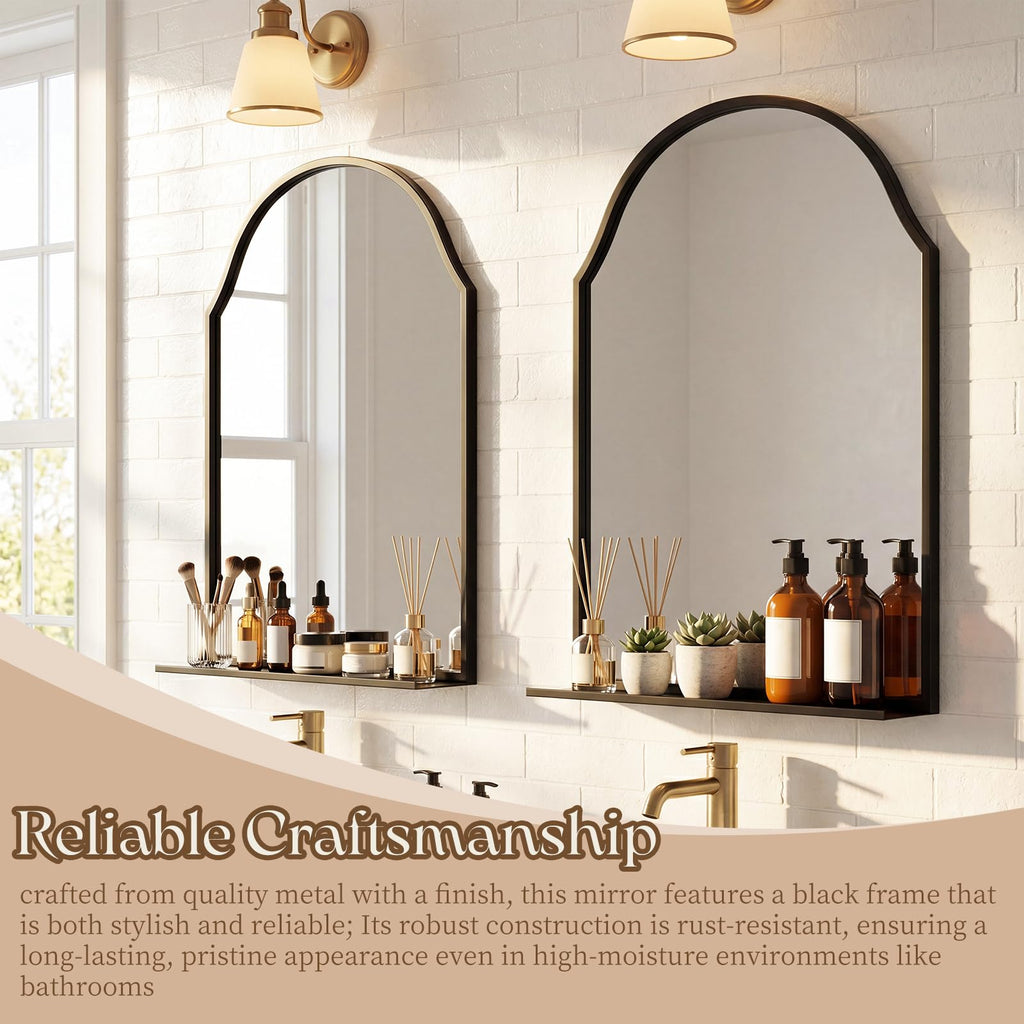 30x20 Inch Arched Bathroom Mirror with Shelf, Black, Metal Frame
