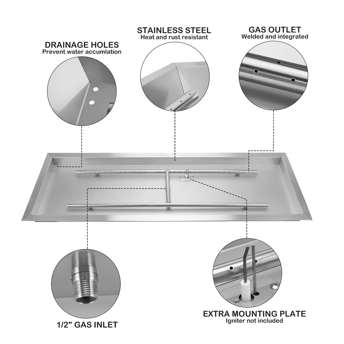 48 x 14 Inch Rectangular Drop-in Gas Fire Pit Burner Kit