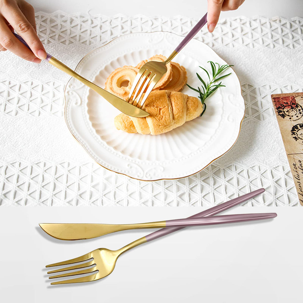 24-Piece Gold and Pink Flatware Set, Stainless Steel Cutlery Set for 6, Includes Knives, Forks, Spoons, Modern Home