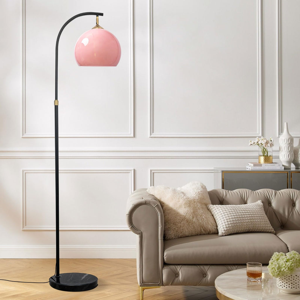 Inspired Arco Style Pink Arc Floor Lamp with Natural Marble Base, Mid Century Modern