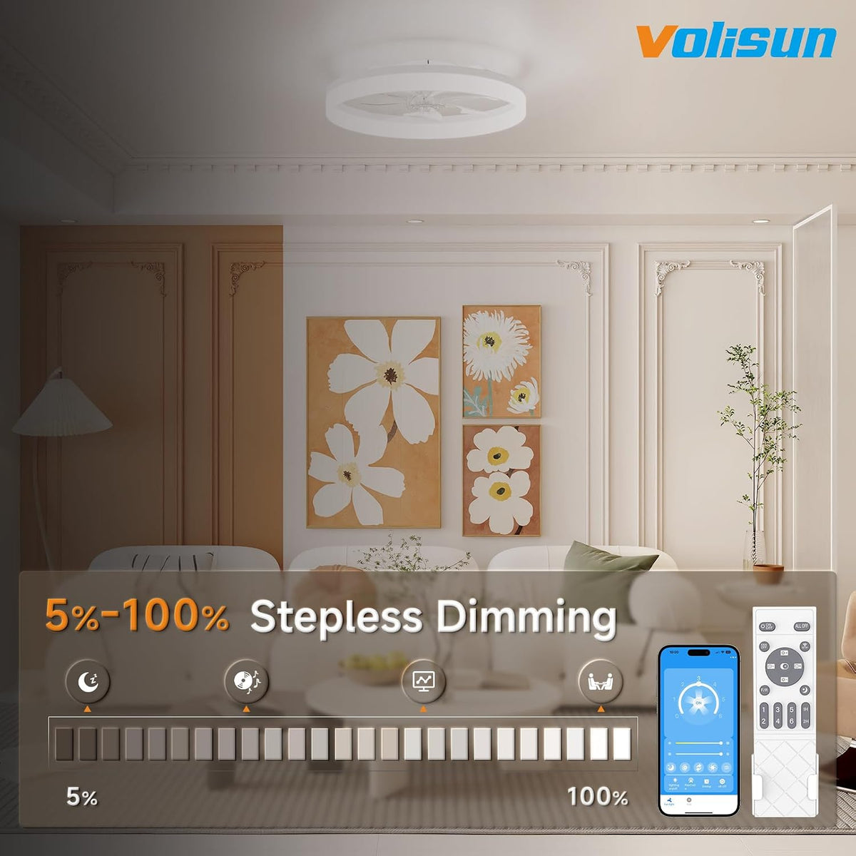 23.6" Flush Mount Chandelier Ceiling Fan with Light & Remote