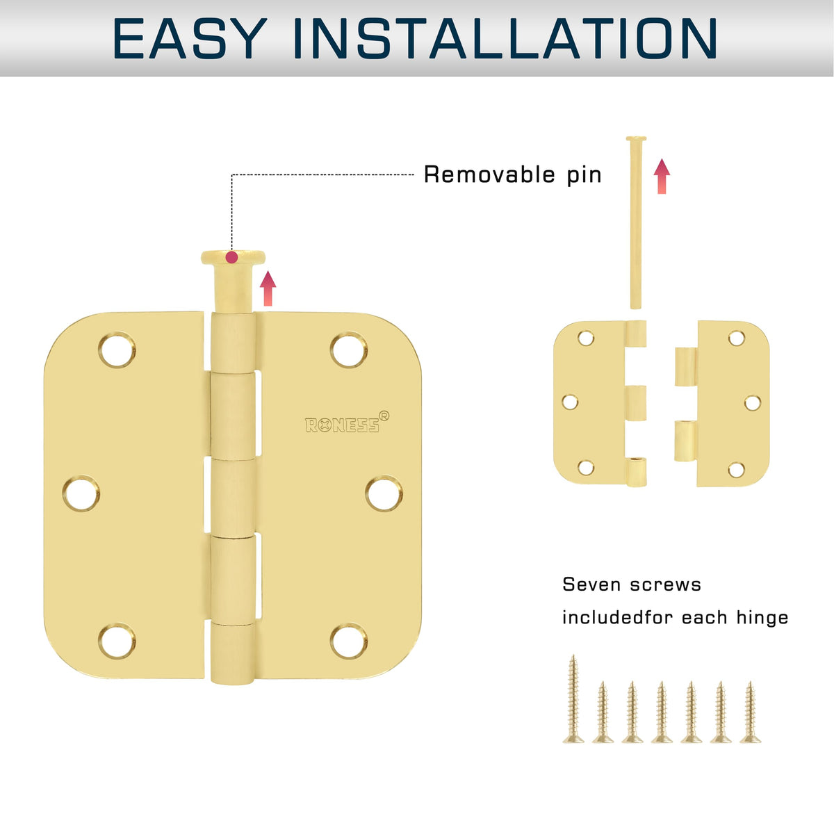 24 Pack Polished Gold Door Hinges 3.5 Inch, 5/8" Radius Rounded, Standard Residential for Doors 3 1⁄2", Sturdy Hinges