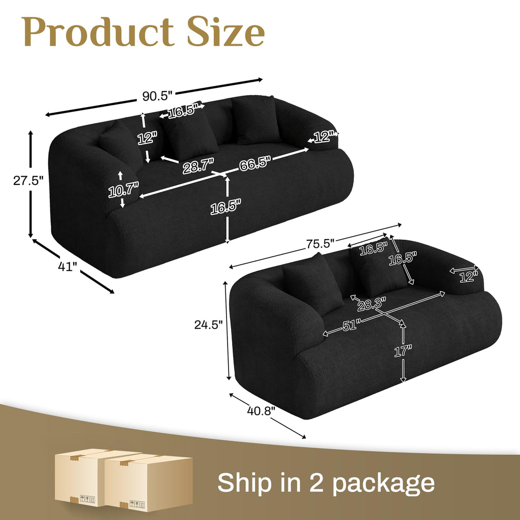 Boneless Couch Set, 91" + 75'' Cloud Couch Set, Chenille Curved Sofa, Modern Compression Sofa, No Assembly Required