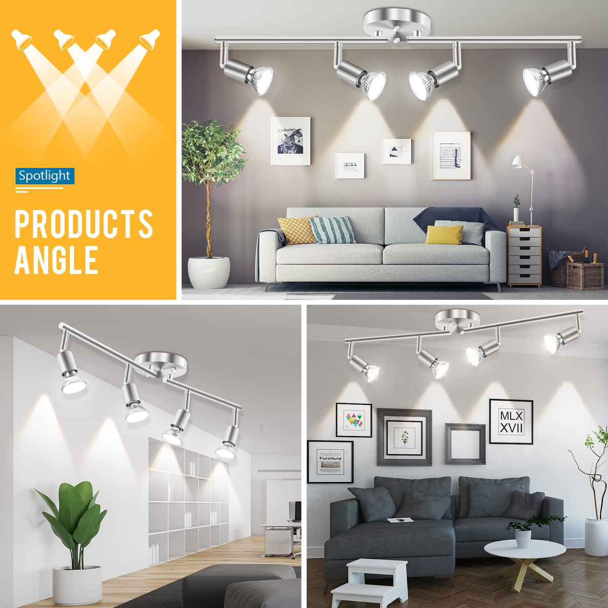 Track Lighting Kit, 4 Head Foldable Ceiling Spot Light with GU10 Socket Hallyway Bedroom Fixture Directional Accent