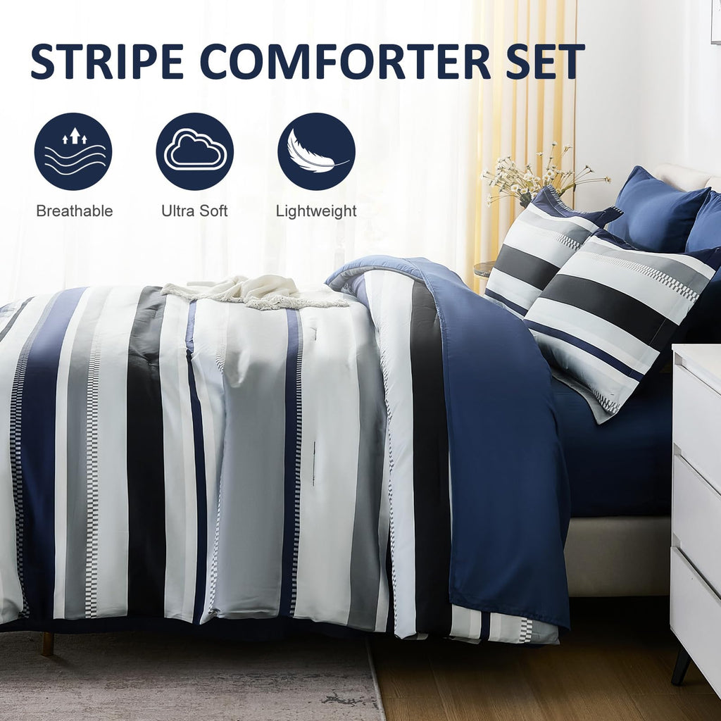 Comforter, Navy Blue Bedding Comforter Set for Bed, Striped Bed in a Bag Comforter Sets for