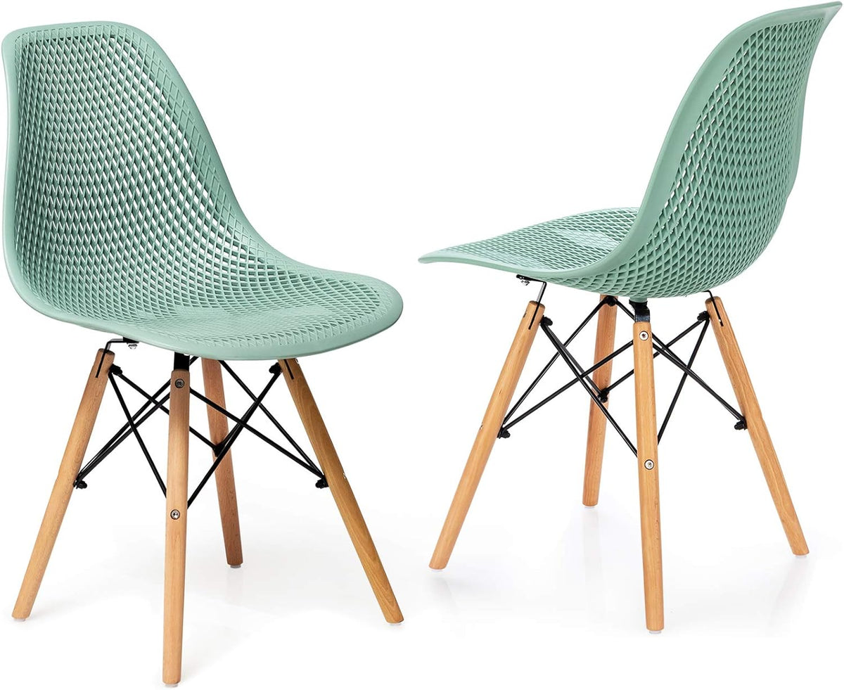 Set of 2 Modern Dining Chairs, Outdoor Indoor Shell PP Lounge Side Chairs with Mesh Design, Beech Wood Legs