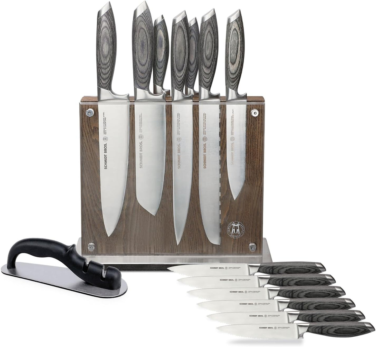 Bonded Ash- 15-Piece Knife Set, High-Carbon Stainless Steel Cutlery with Downtown Acacia and Acrylic Magnetic Knife